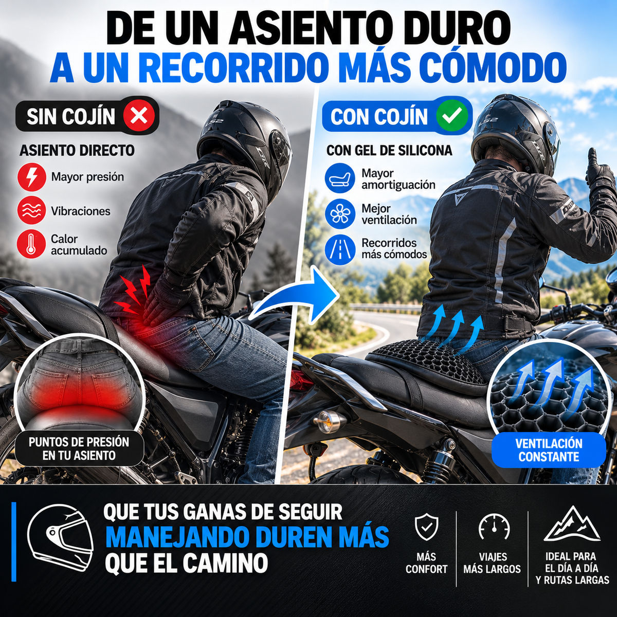 COJÍN DE GEL DE SILICONA PARA MOTO | MAYOR COMODIDAD EN CADA TRAYECTO