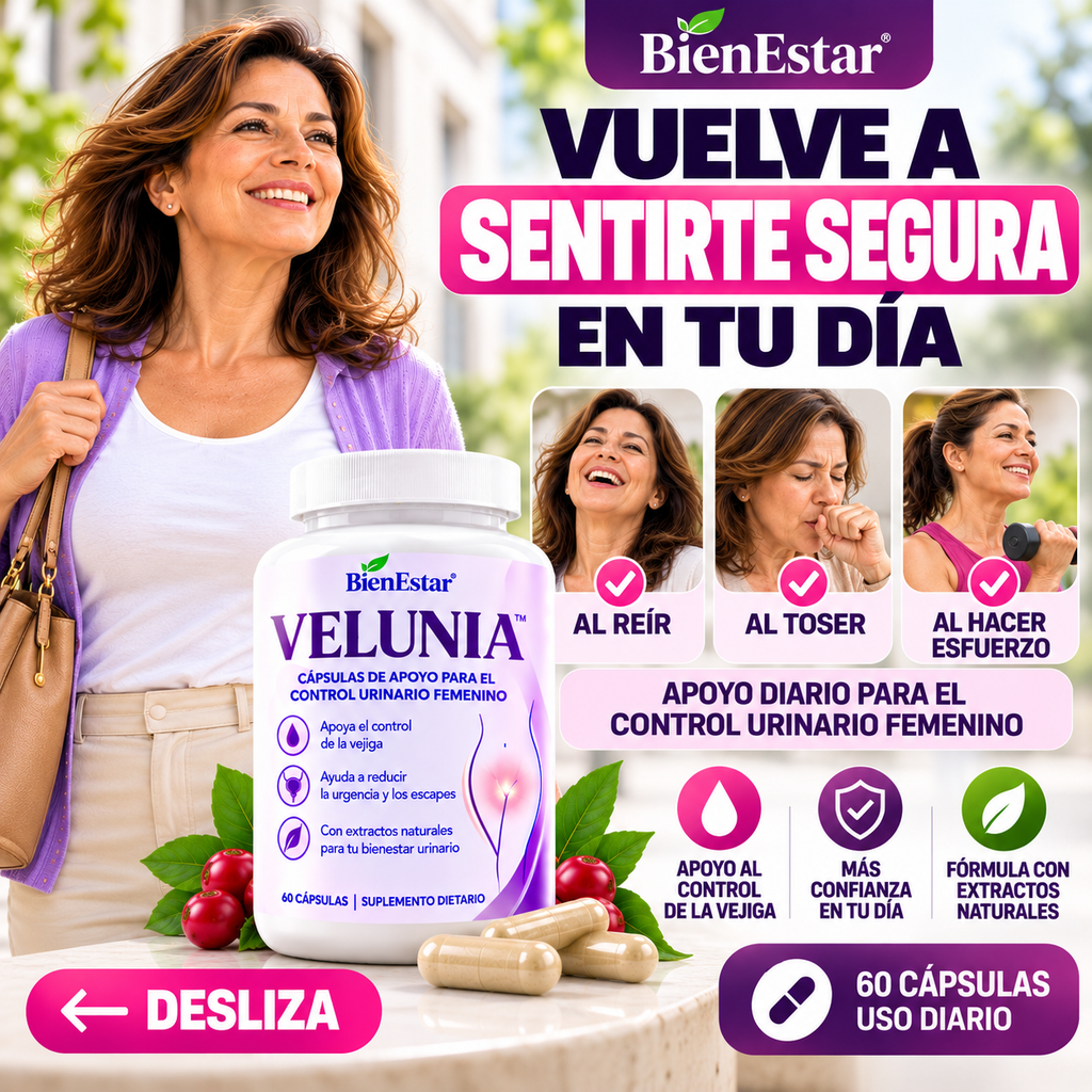 VELUNIA™ | CÁPSULAS DE APOYO PARA EL CONTROL URINARIO FEMENINO