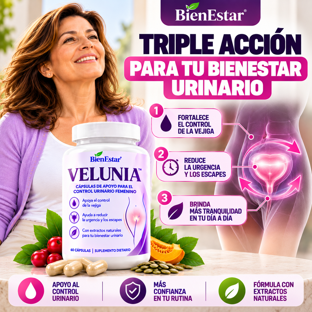 VELUNIA™ | CÁPSULAS DE APOYO PARA EL CONTROL URINARIO FEMENINO