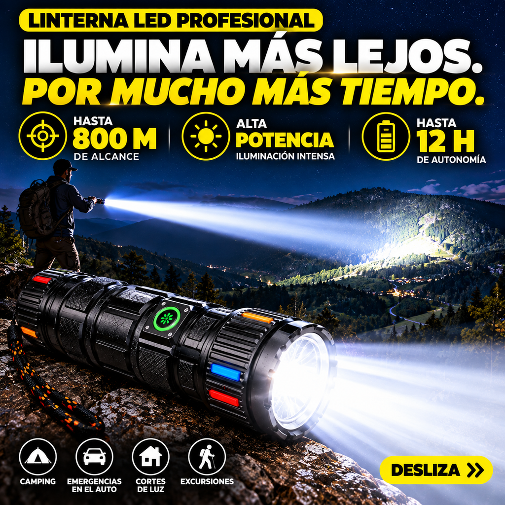 LINTERNA LED PROFESIONAL DE ALTA POTENCIA | ALCANCE DE 800 M + 12H DE DURACIÓN