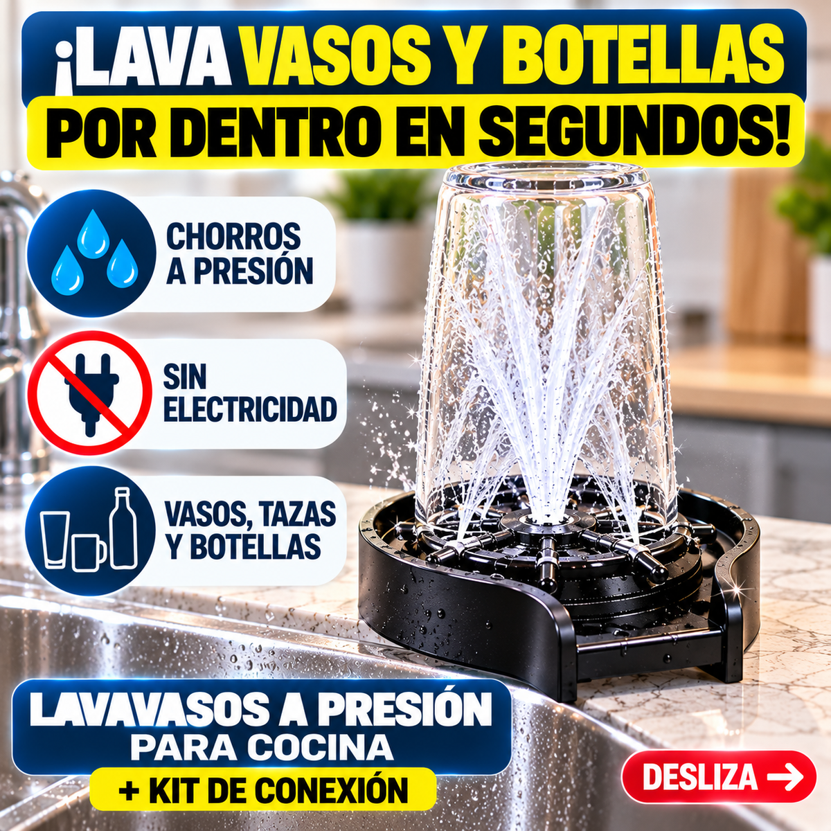 LAVAVASOS A PRESIÓN PARA COCINA + KIT DE CONEXIÓN - ¡LAVA VASOS, TAZAS Y BOTELLAS POR DENTRO EN SEGUNDOS!