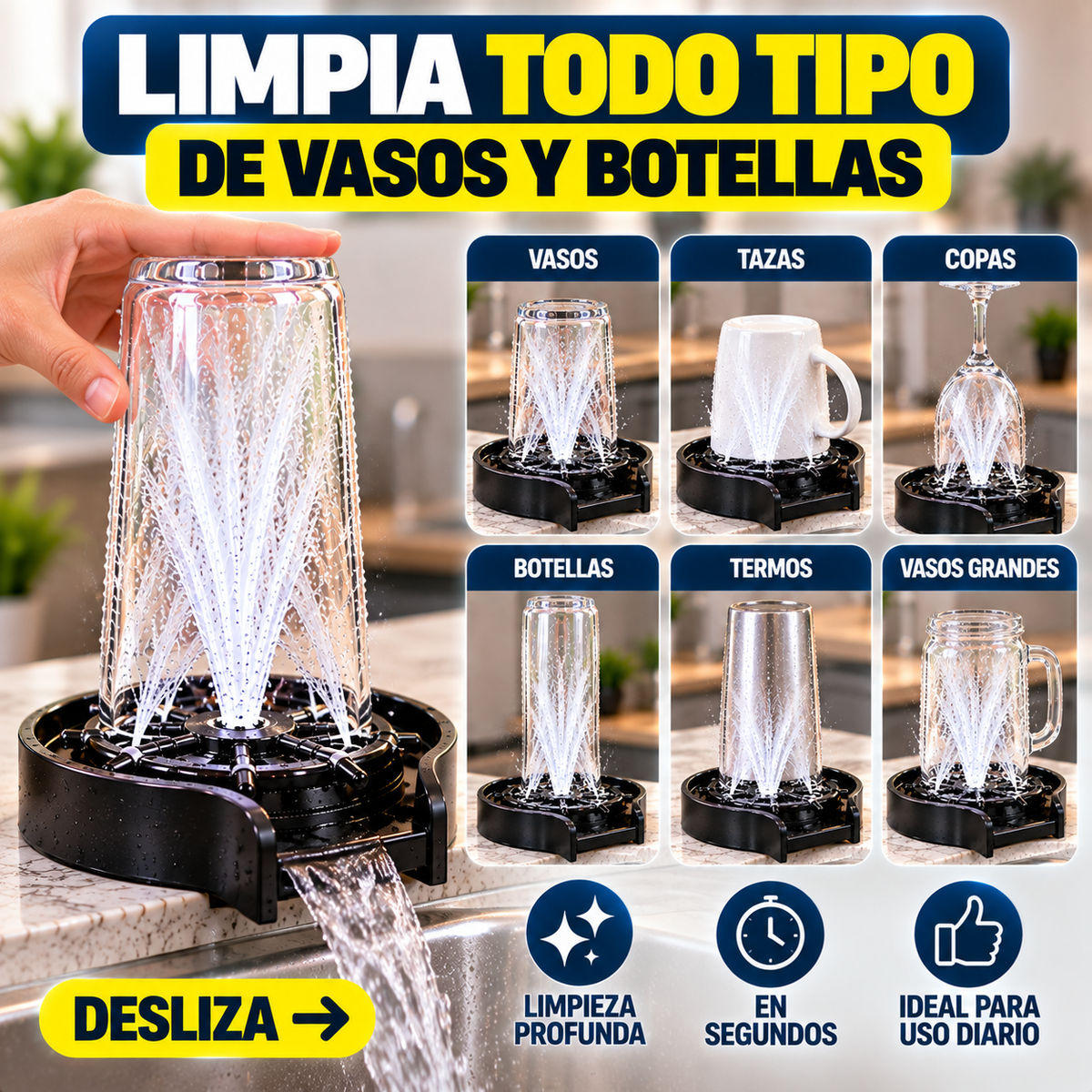 LAVAVASOS A PRESIÓN PARA COCINA + KIT DE CONEXIÓN - ¡LAVA VASOS, TAZAS Y BOTELLAS POR DENTRO EN SEGUNDOS!