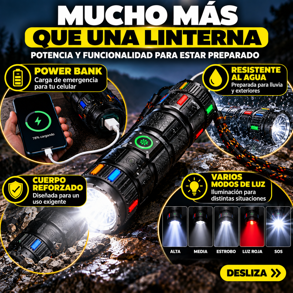 LINTERNA LED PROFESIONAL DE ALTA POTENCIA | ALCANCE DE 800 M + 12H DE DURACIÓN