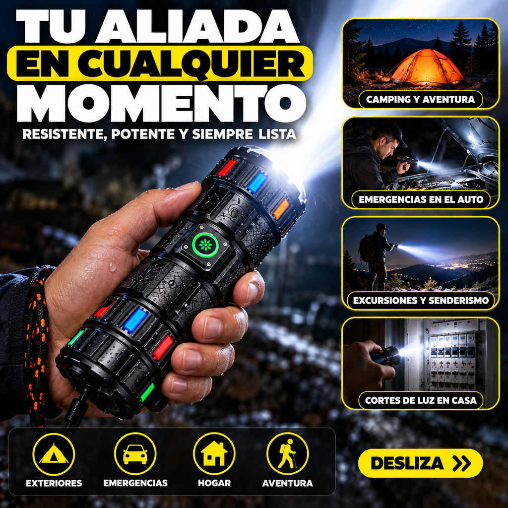 LINTERNA LED PROFESIONAL DE ALTA POTENCIA | ALCANCE DE 800 M + 12H DE DURACIÓN