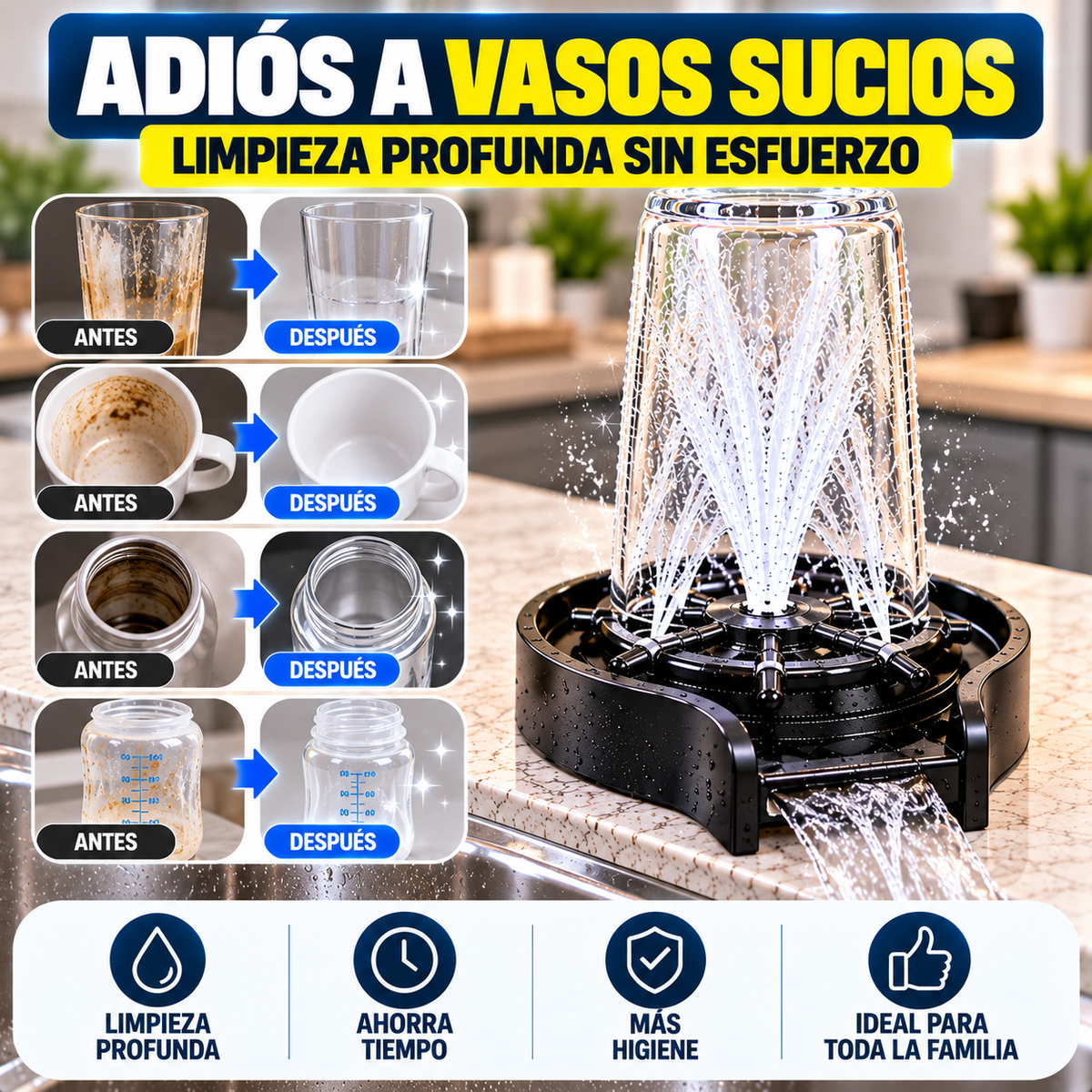 LAVAVASOS A PRESIÓN PARA COCINA + KIT DE CONEXIÓN - ¡LAVA VASOS, TAZAS Y BOTELLAS POR DENTRO EN SEGUNDOS!