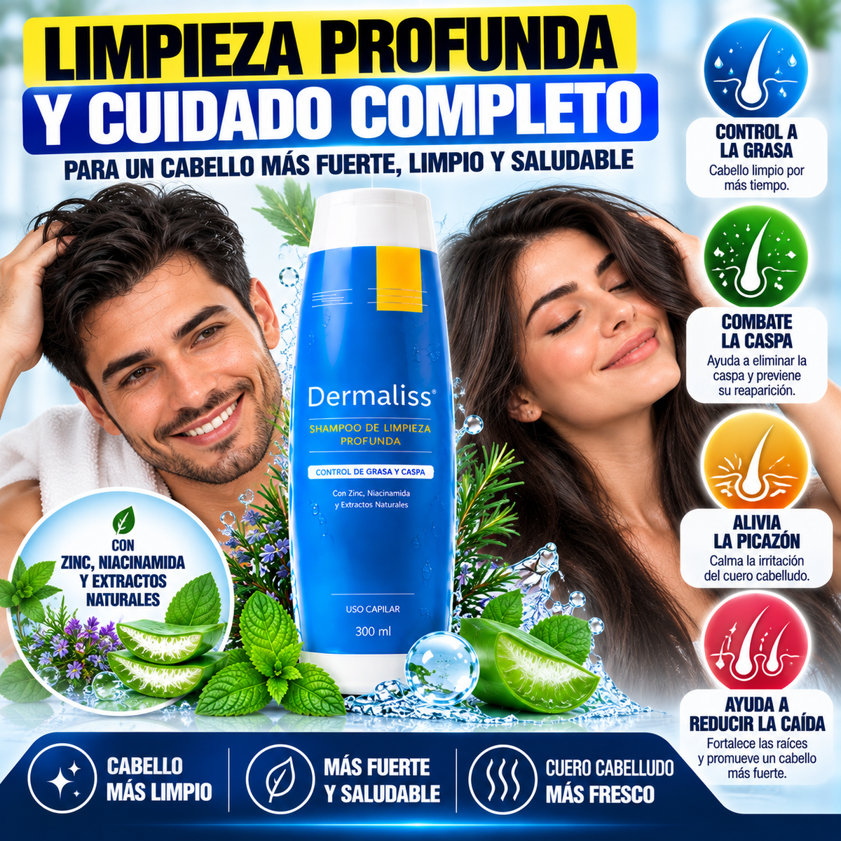 SHAMPOO DE LIMPIEZA PROFUNDA ANTICAÍDA DEL CABELLO PARA EL CONTROL DE GRASA Y CASPA