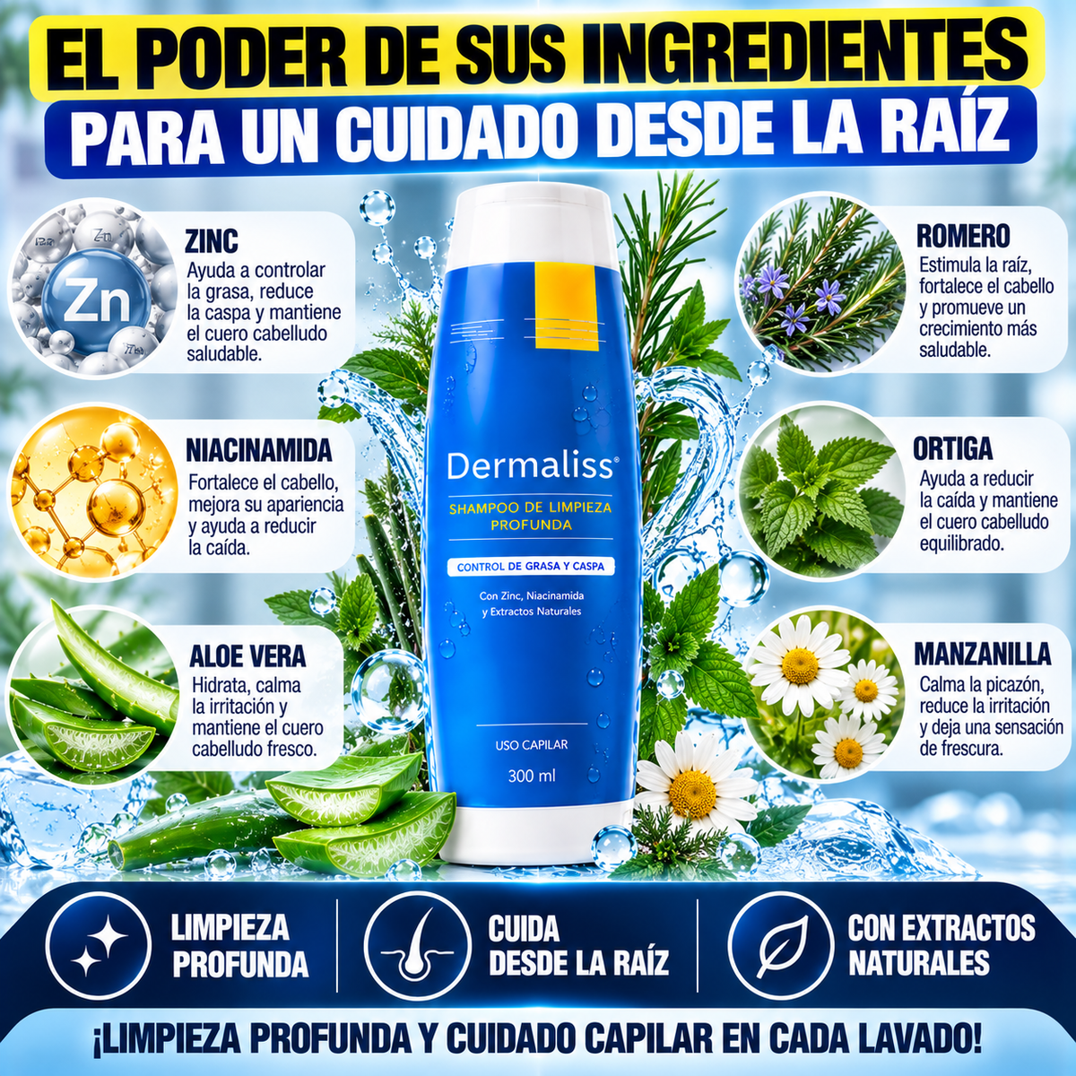 SHAMPOO DE LIMPIEZA PROFUNDA ANTICAÍDA DEL CABELLO PARA EL CONTROL DE GRASA Y CASPA