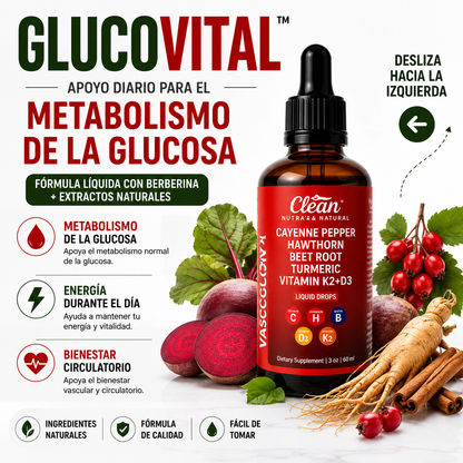 GLUCOVITAL™ Fórmula líquida con berberina y extractos naturales para regular la glucosa, la circulación y tu energía diaria.