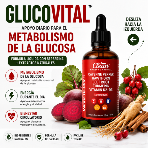GLUCOVITAL™ Fórmula líquida con berberina y extractos naturales para regular la glucosa, la circulación y tu energía diaria.