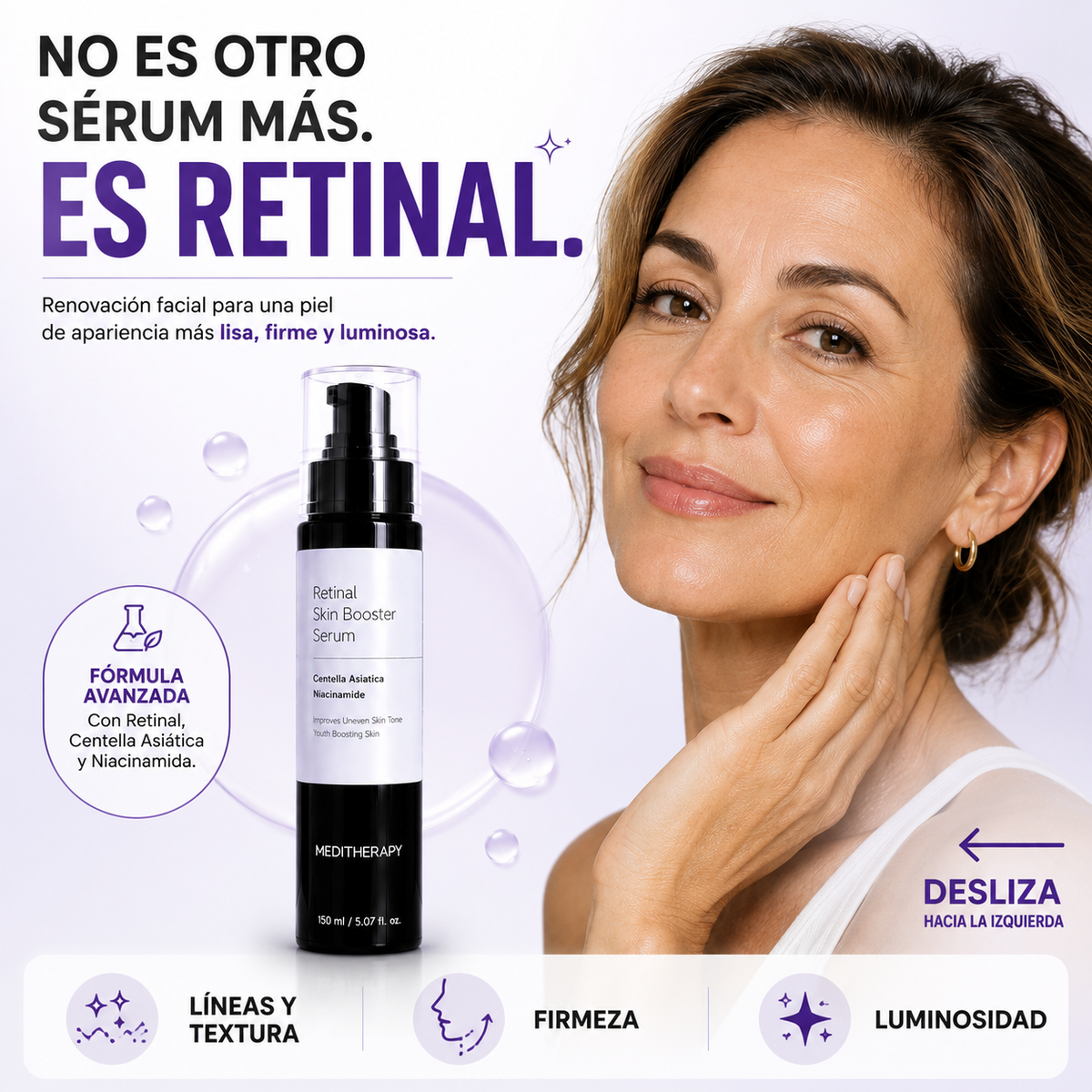 Sérum Renovador Facial con Retinal para una piel lisa, firme y uniforme.