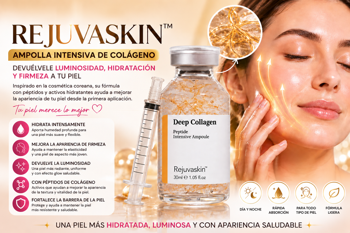 REJUVASKIN™ | Ampolla Viral de Colágeno para una Piel Más Firme, Hidratada y Radiante