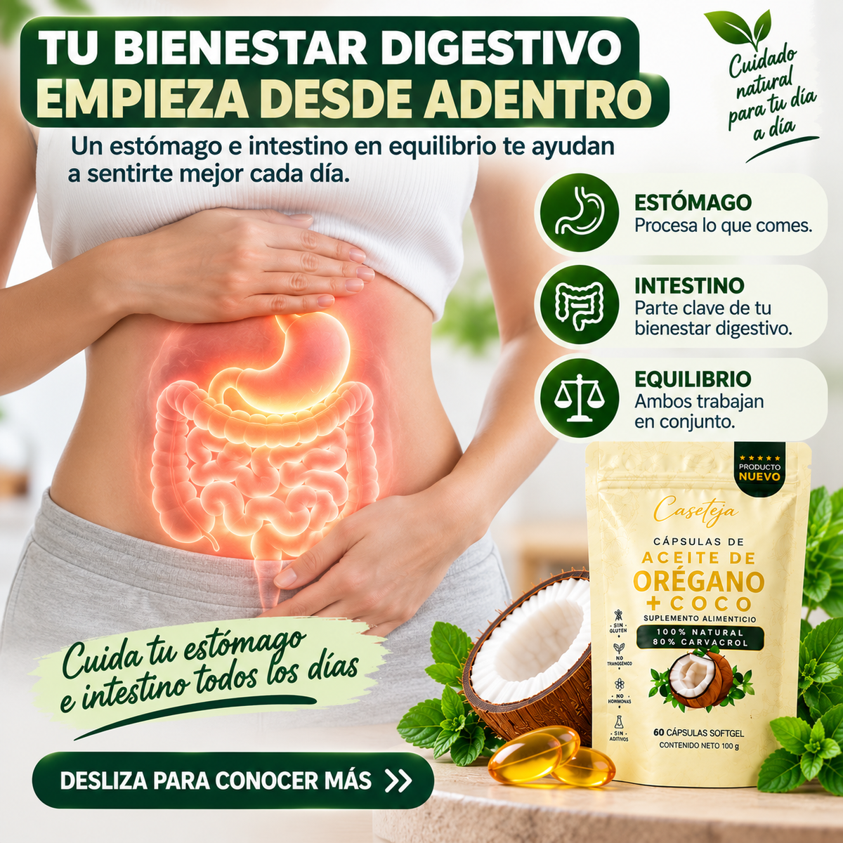 CÁPSULAS DE ACEITE DE ORÉGANO + COCO Fórmula natural con 80% de carvacrol para el bienestar digestivo
