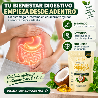 CÁPSULAS DE ACEITE DE ORÉGANO + COCO Fórmula natural con 80% de carvacrol para el bienestar digestivo