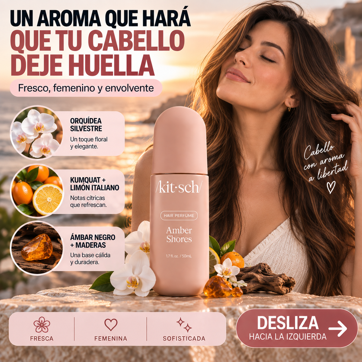 AMBER SHORES | PERFUME CAPILAR FEMENINO DE 24 HORAS DE DURACIÓN