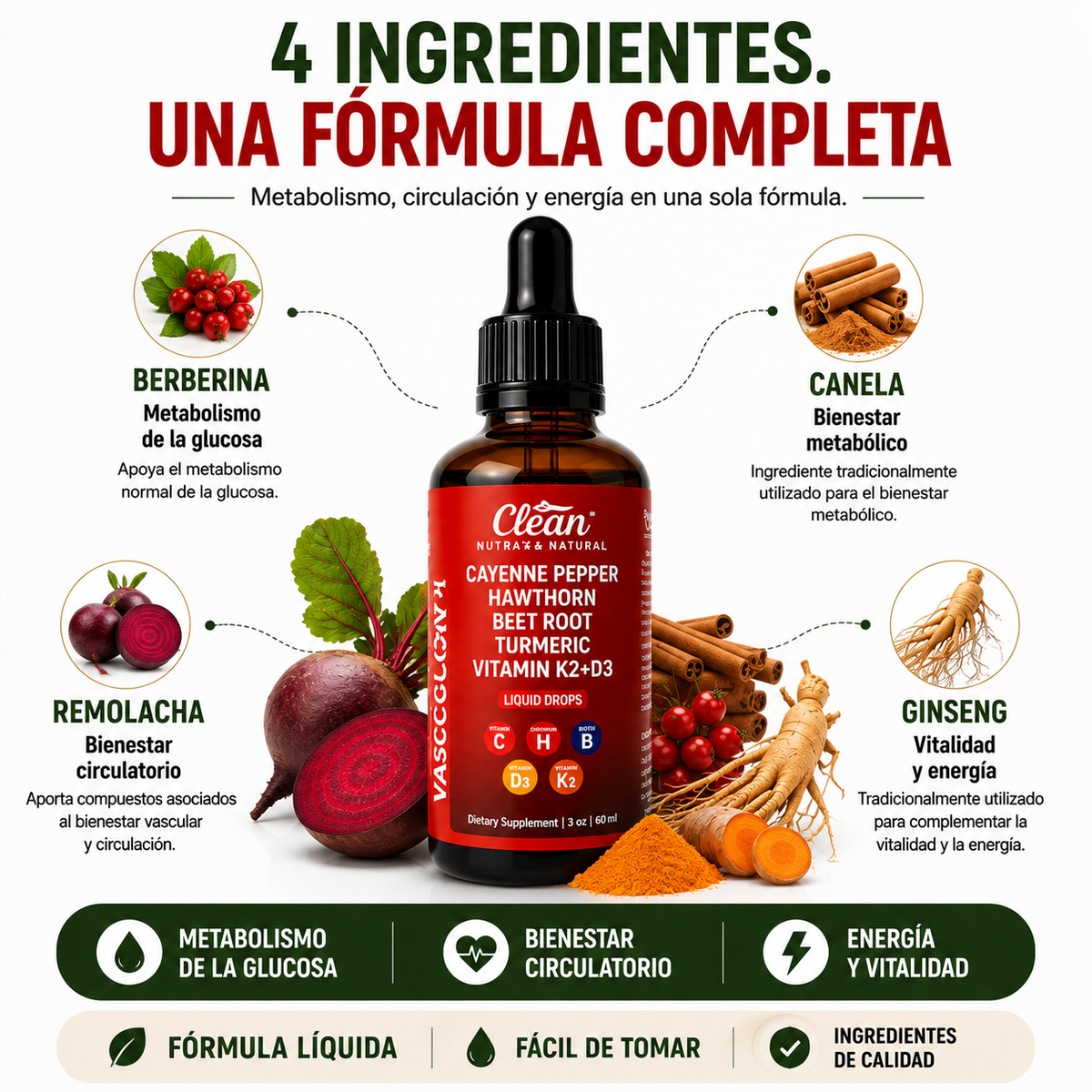 GLUCOVITAL™ Fórmula líquida con berberina y extractos naturales para regular la glucosa, la circulación y tu energía diaria.