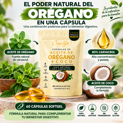 CÁPSULAS DE ACEITE DE ORÉGANO + COCO Fórmula natural con 80% de carvacrol para el bienestar digestivo